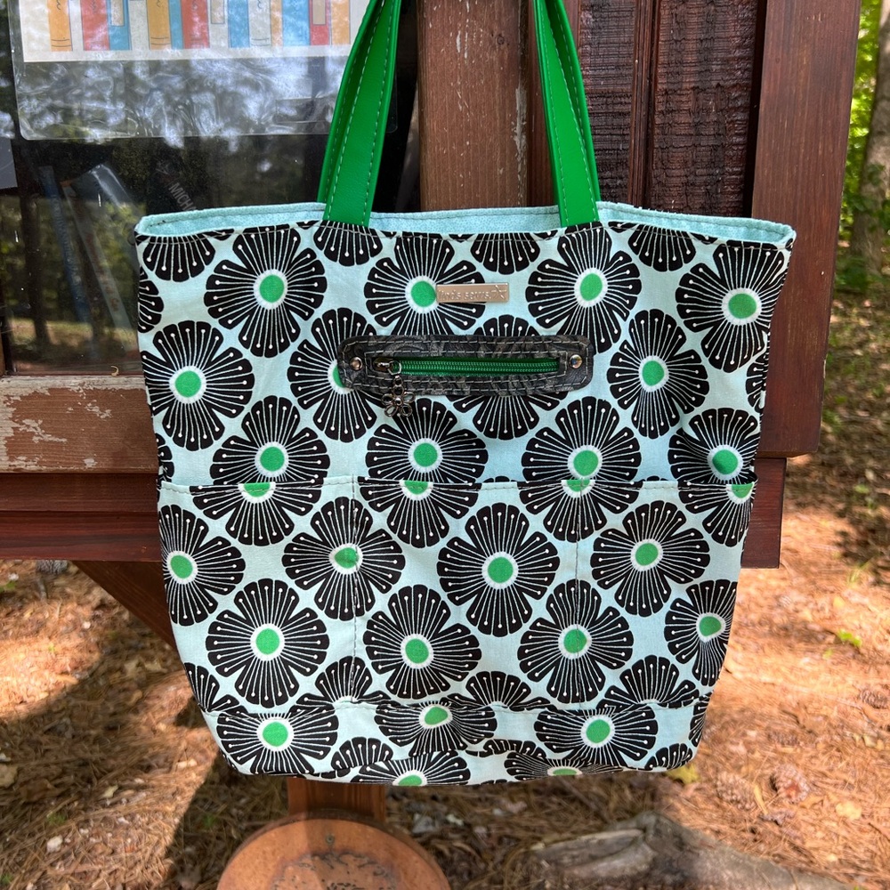Floral Tote Bag with Leather Accent and Vibrant Green Faux Leather handles